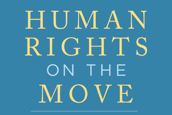 Blue background with text: HUMAN RIGHTS ON THE MOVE
