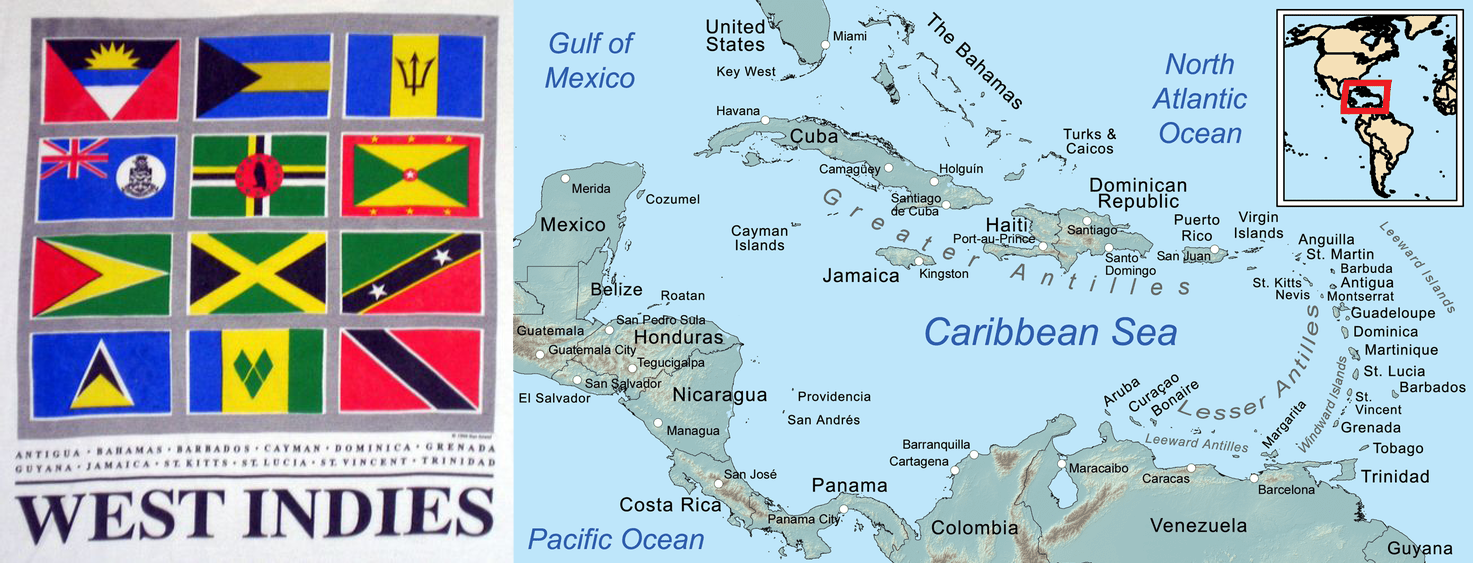 Left: Caribbean West Indian Islands Flags; Right: Geographic Map of West Indies