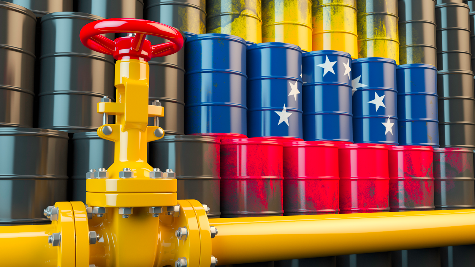 Photograph of oil drums and valve with Venezuelan flag painted on it