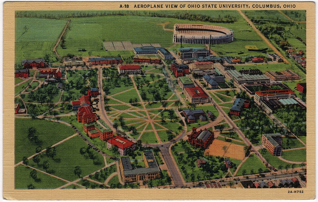 Archival illustration of Ohio State campus with text: A-18 Aeroplane View of Ohio State University, Columbus, Ohio
