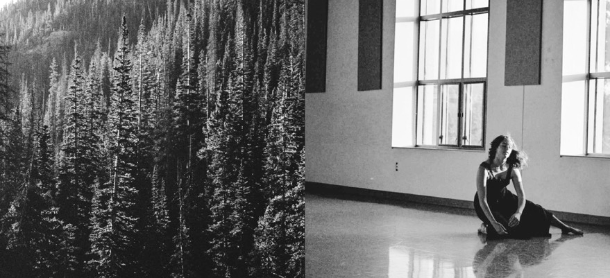 Side by side photographs: (left) wooded hillside, (right) woman on the floor of a dance studio