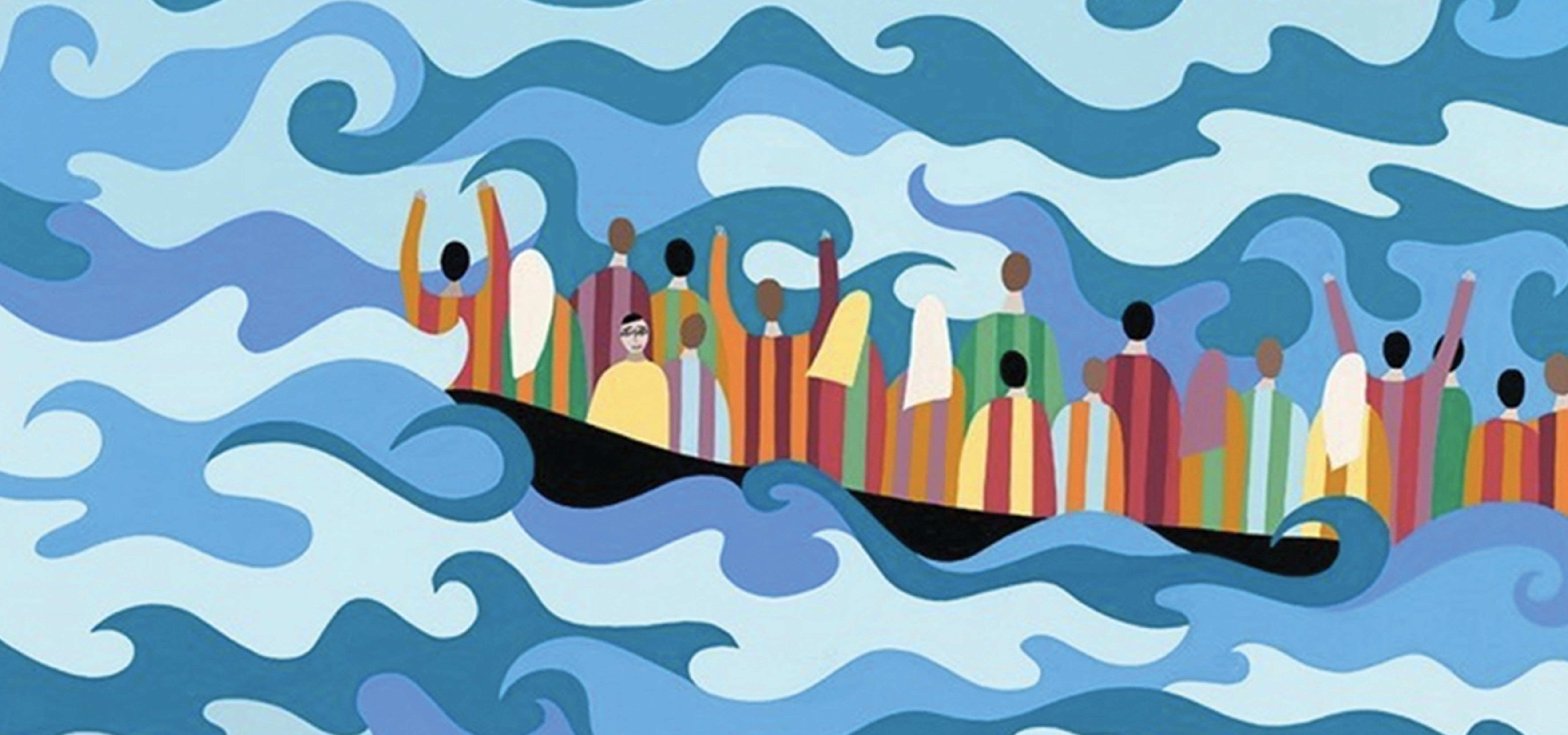 Illustration of people on boat at sea