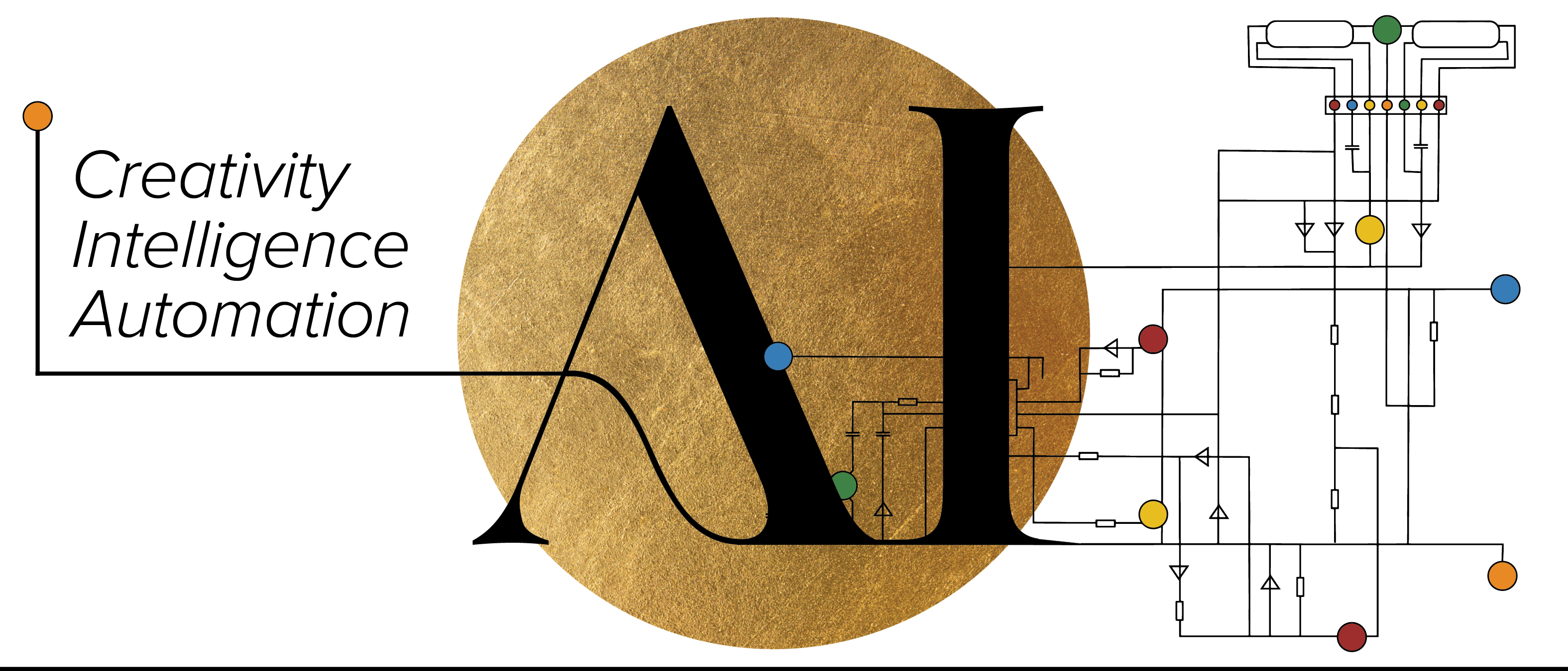 Circuit board design with gold circle in center and text "Creativity, Intelligence, Automation"
