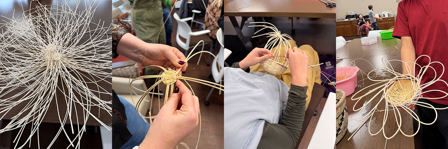 Four photos showing basket-making process