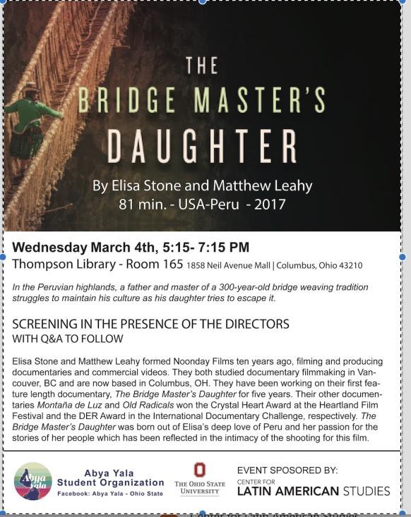 A poster for a screening of The Bridge Master's Daughter by Elisa Stone and Matthew Leahy on March 4, 5:15-7:15, Thompson Library Room 165