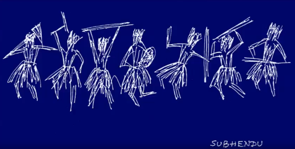 White scribbles form 7 figures dancing on a blue background with text "Subhendu"
