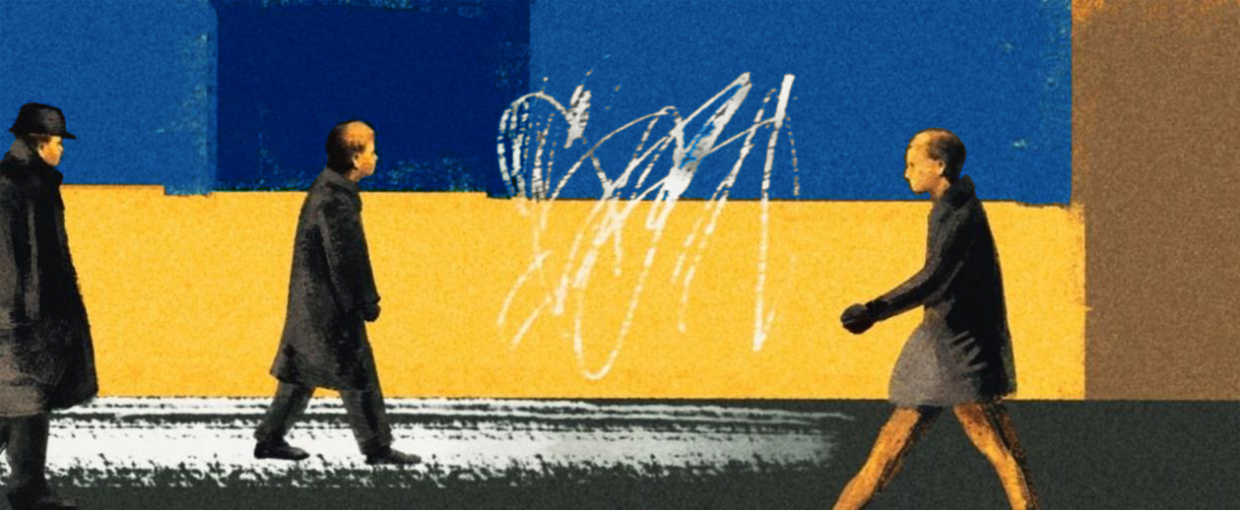 Painting of people walking on a street in winter