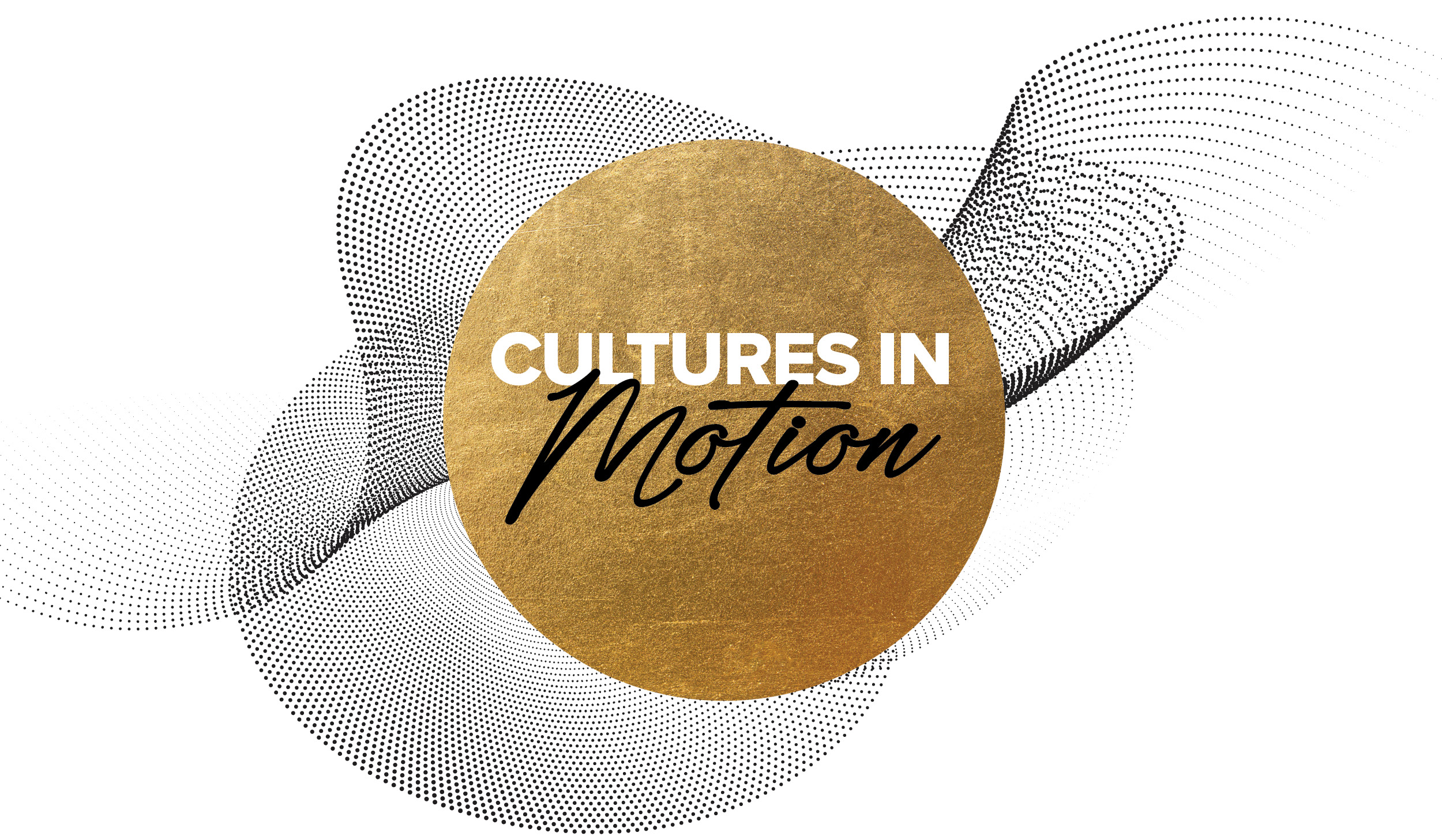 Abstract illustration with text, "Cultures in Motion"