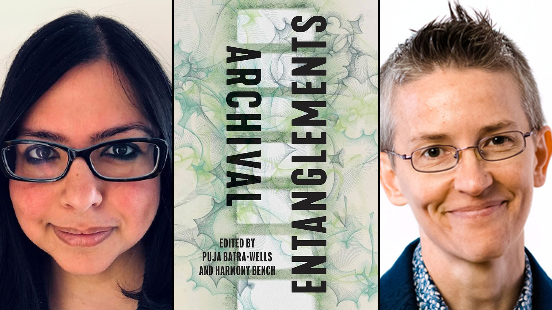 Two women's faces on either side of a book cover