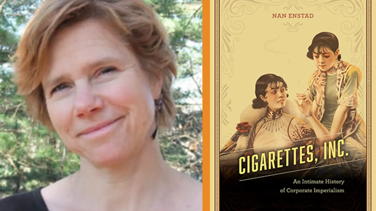 Speaker portrait alongside book cover