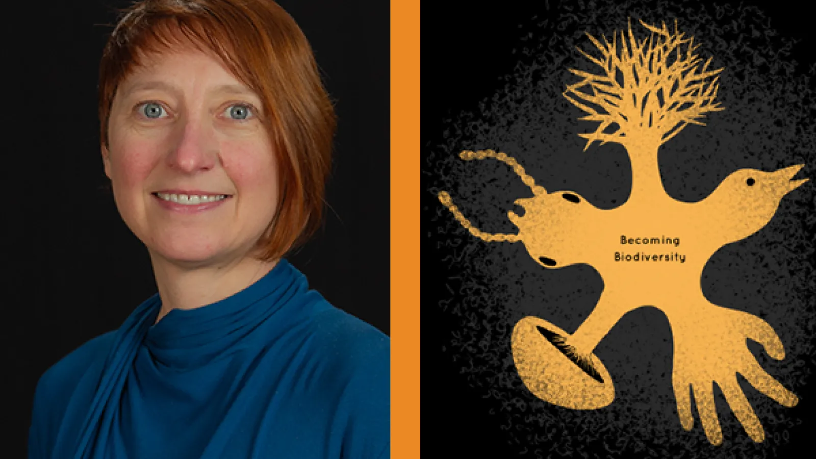 Amy Youngs alongside an illustrated graphic with text: Becoming Biodiversity