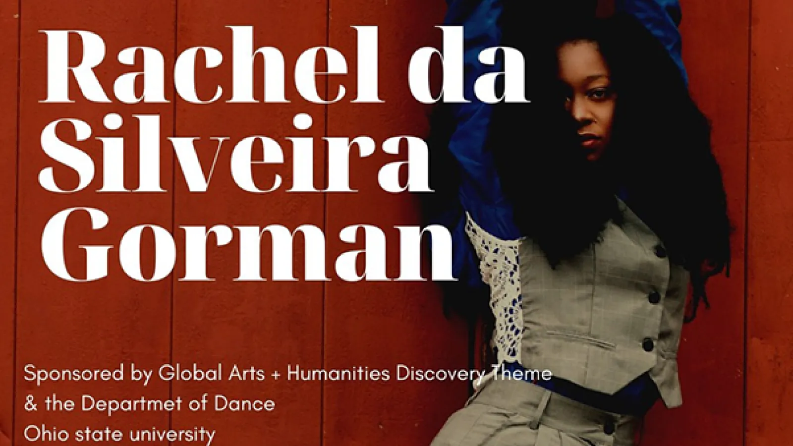 Woman against a red wall with text: Rachel da Silveira Gorman