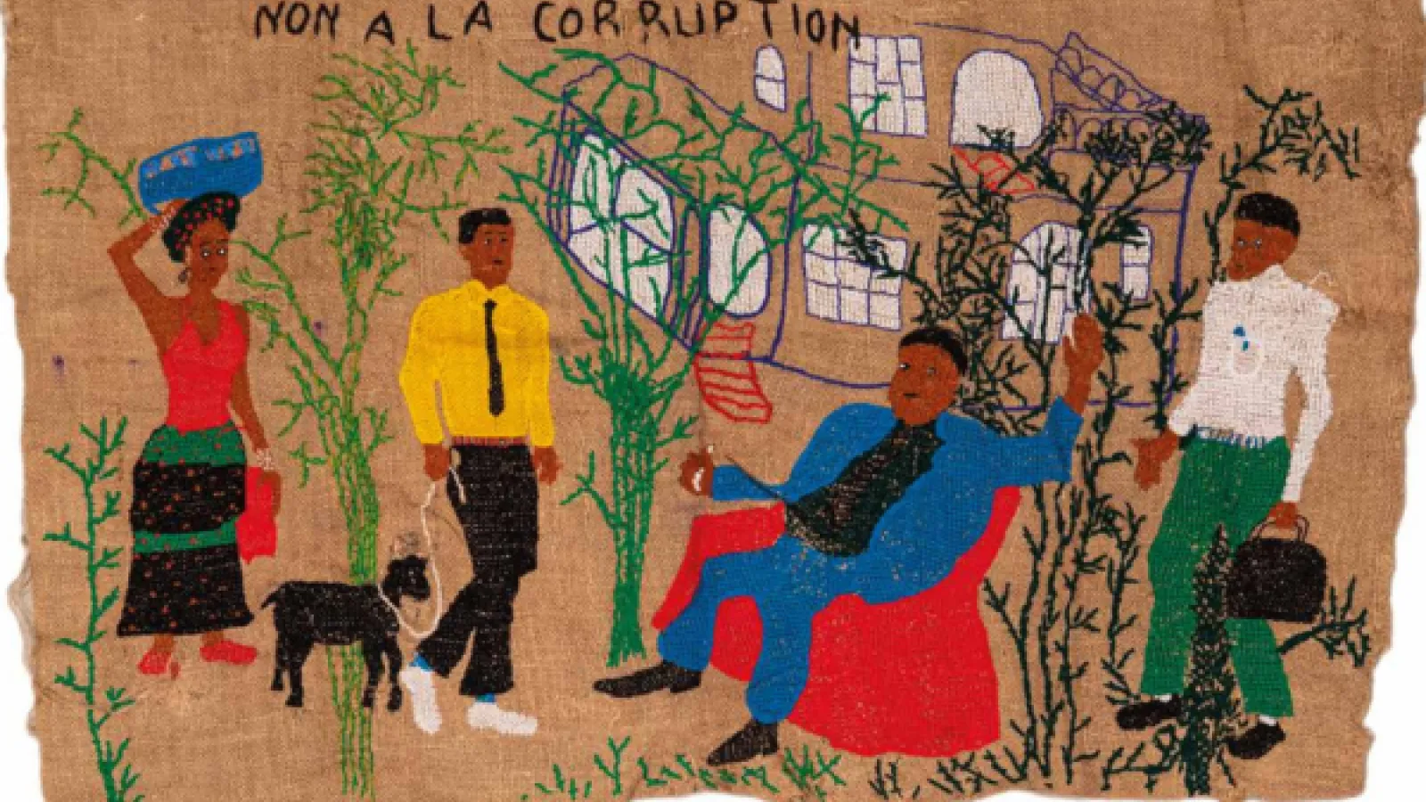 Kamuswekera's embroidered work featuring four people in bright colors surrounded by trees and vines with the words "Non a la corruption"