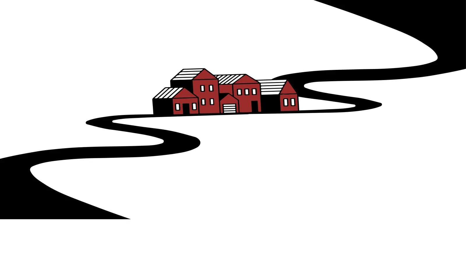 Illustration of winding road with small town in center