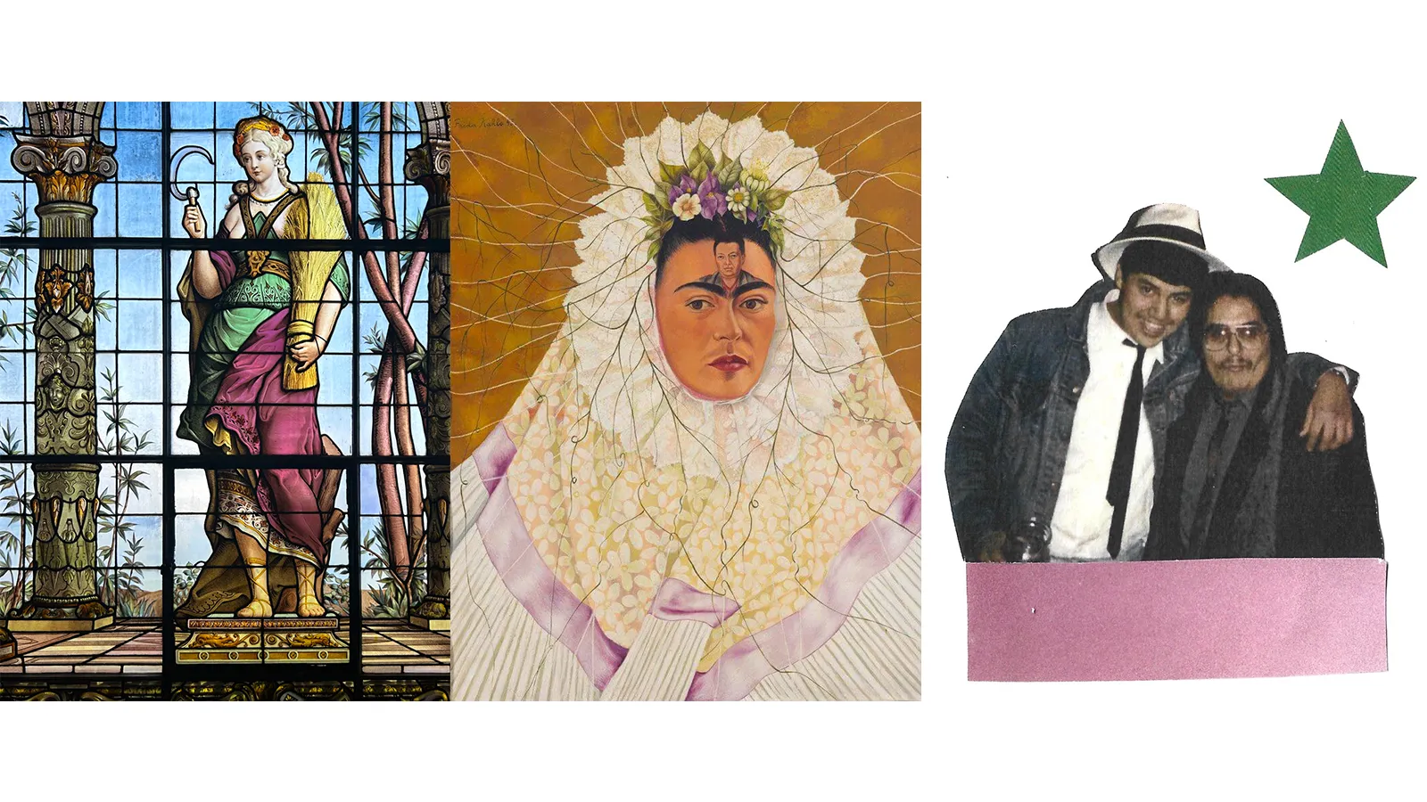 Collage of three images by Amadea Villanueva: a stained glass window featuring a woman with a scythe and bundle of grain; a painting of Frida Kahlo; and a photograph of two people with their arms around each other with a paper star and stripe over it