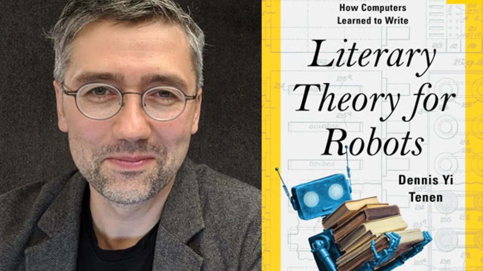 Smiling man next to book cover