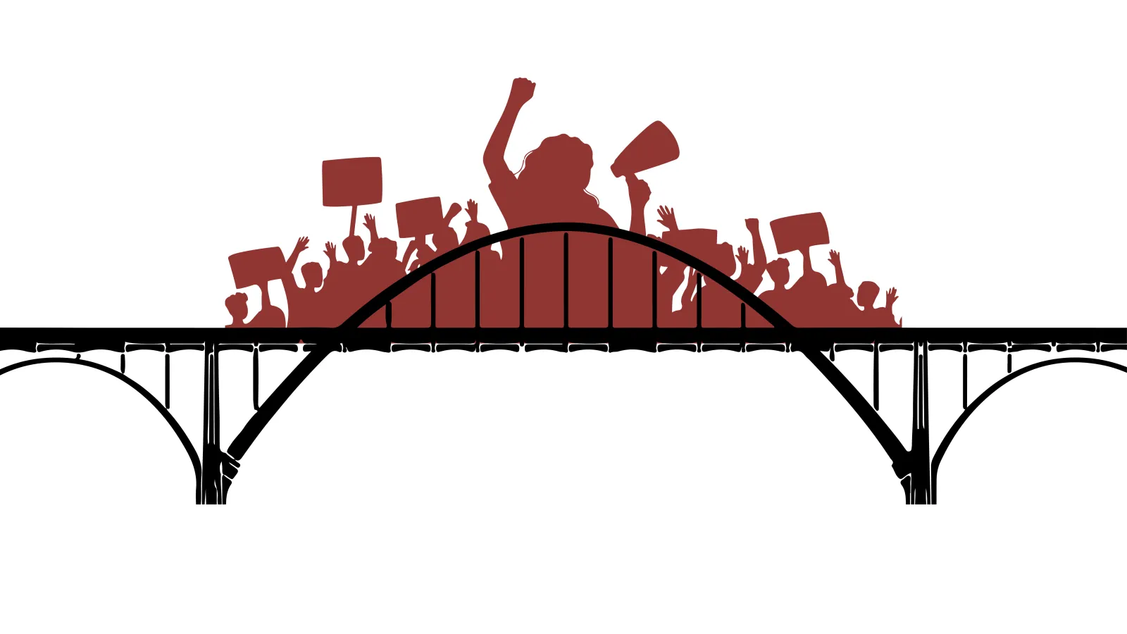 Bridge with protest crowd