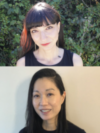 Two smiling women, one outdoors and one inside