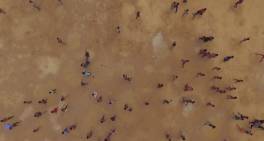 travelers walking across a desert