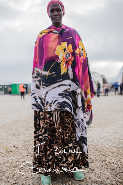 Full body portrait of woman with handwritten text