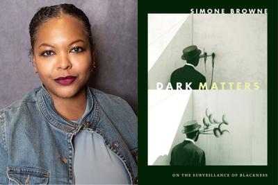 Smiling woman next to book cover