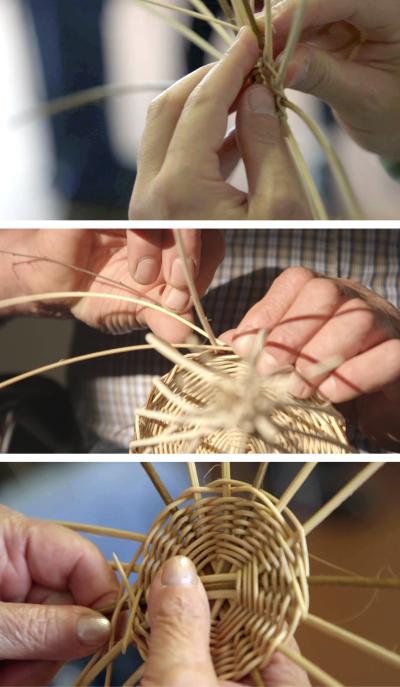 Three images of hands making baskets