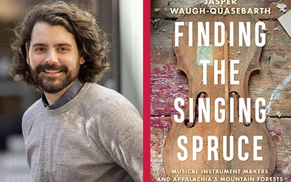 Smiling man with long curly hair next to image of book cover