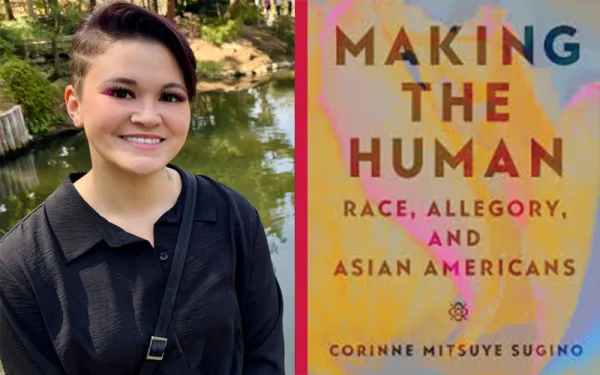 Smiling woman beside book cover