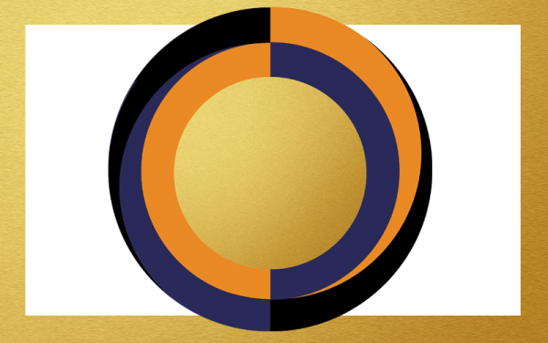 Circular illustration with gold rectangular frame