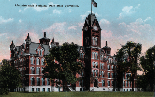 Archival illustration of the Ohio State Administration Building with text: Administration Building, Ohio State University.