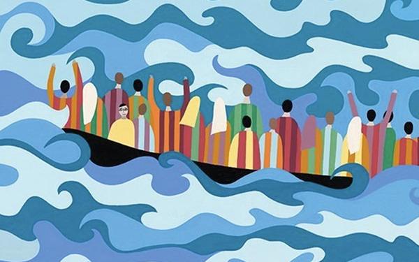 Illustration of people on boat at sea