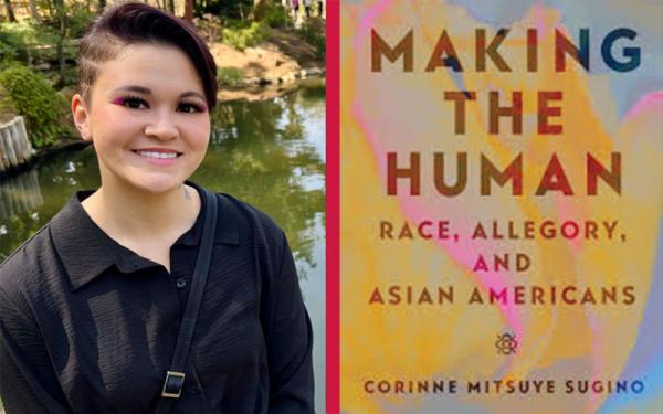 Woman with book cover