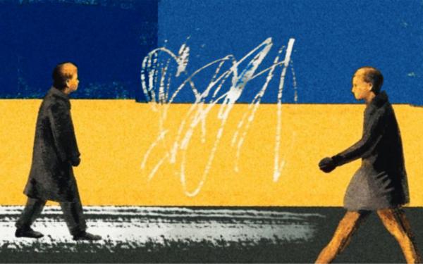 Painting of two people walking toward each other on the street