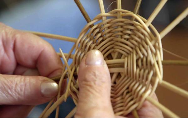 Two hands holding reeds and making a basket