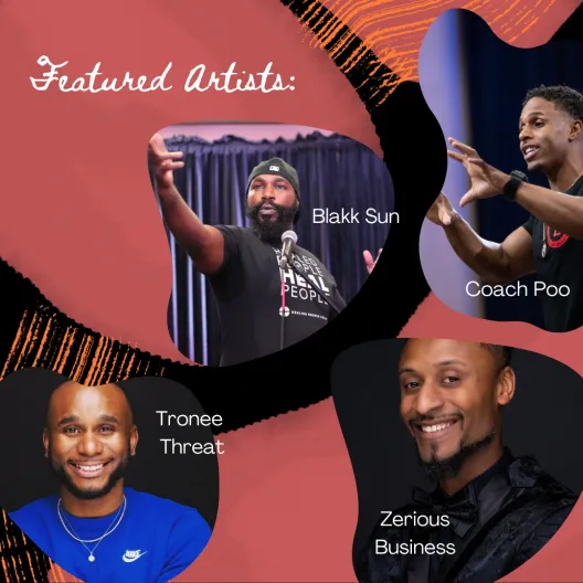 A graphic with four featured artists: Blakk Sun, Coach Poo, Tronee Threat, and Zerious Business
