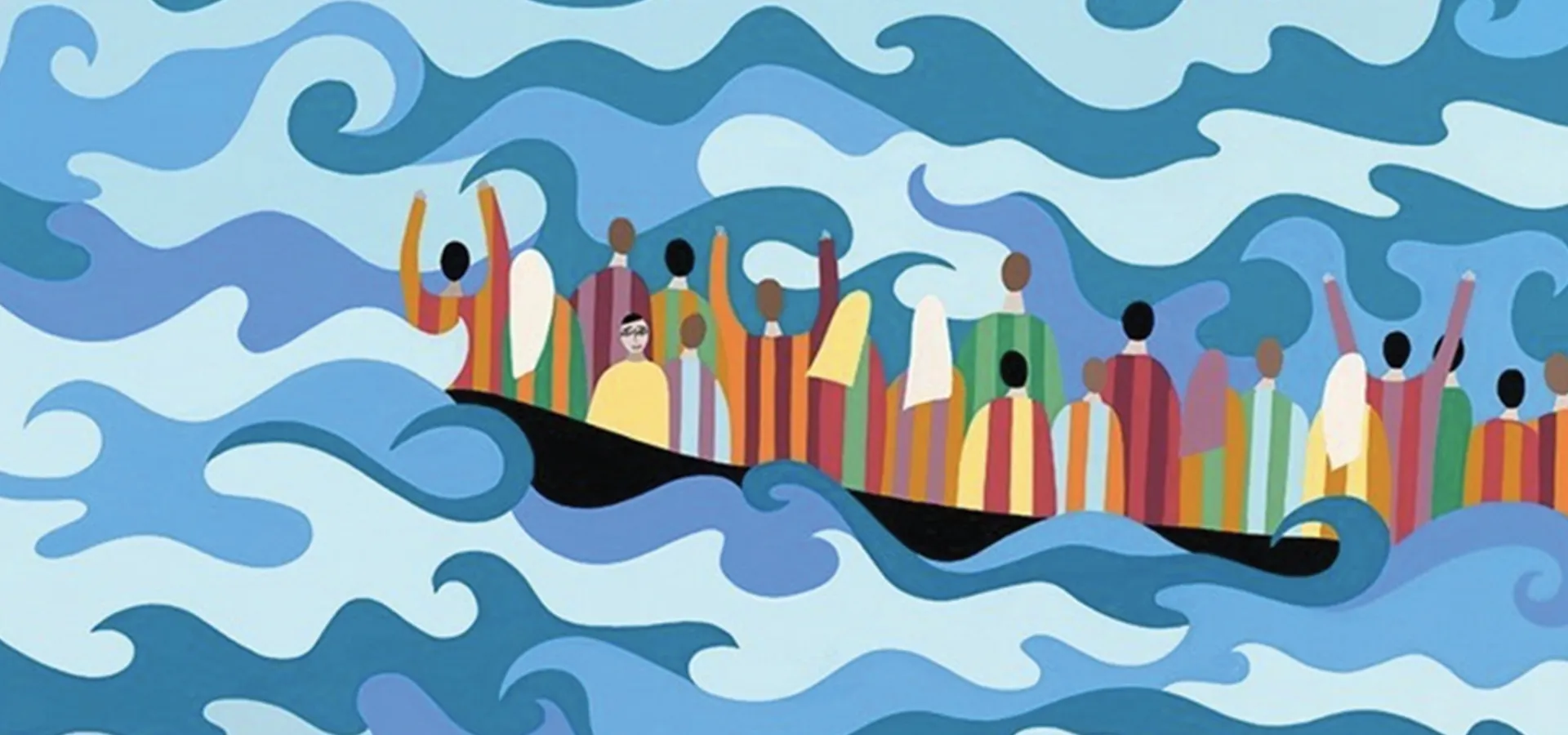 Illustration of people on boat at sea