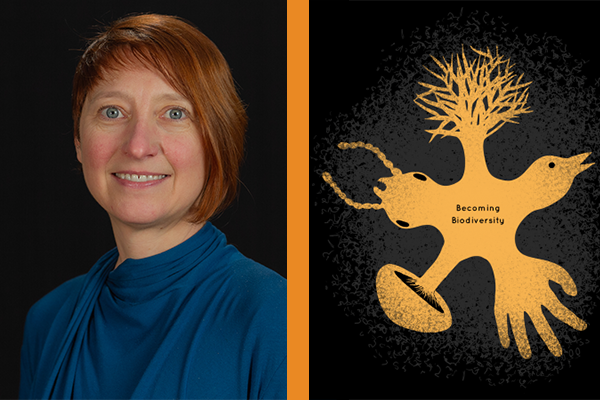 Photograph of Amy Youngs alongside an illustrated graphic with text: Becoming Biodiversity