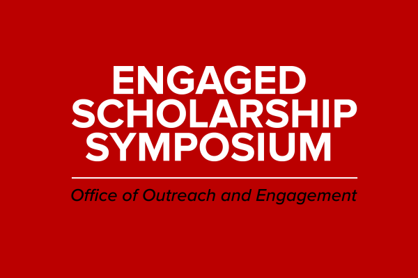 Red rectangle with text: Engaged Scholarship Symposium, Office of Outreach and Engagement