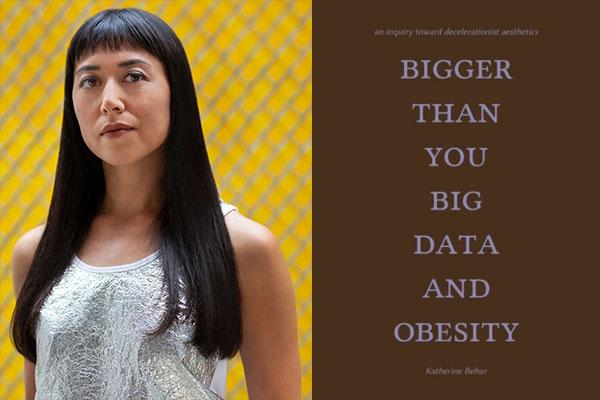 Serious woman next to book cover