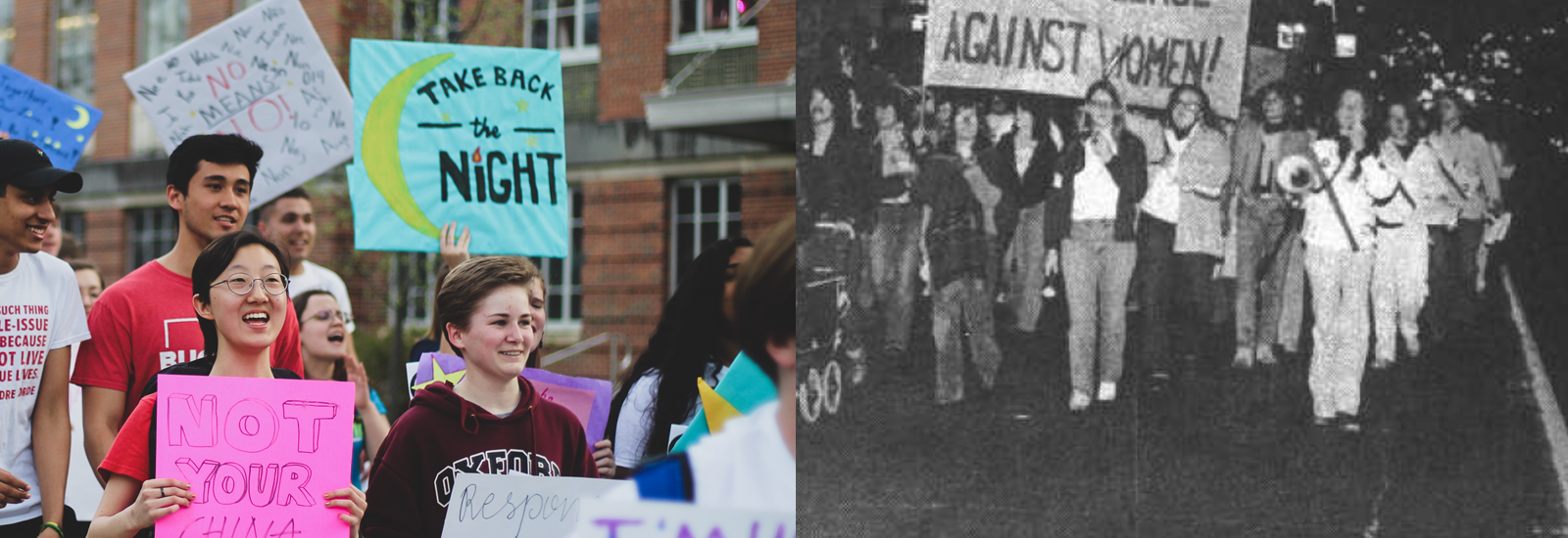 A current and archival photograph of protestors