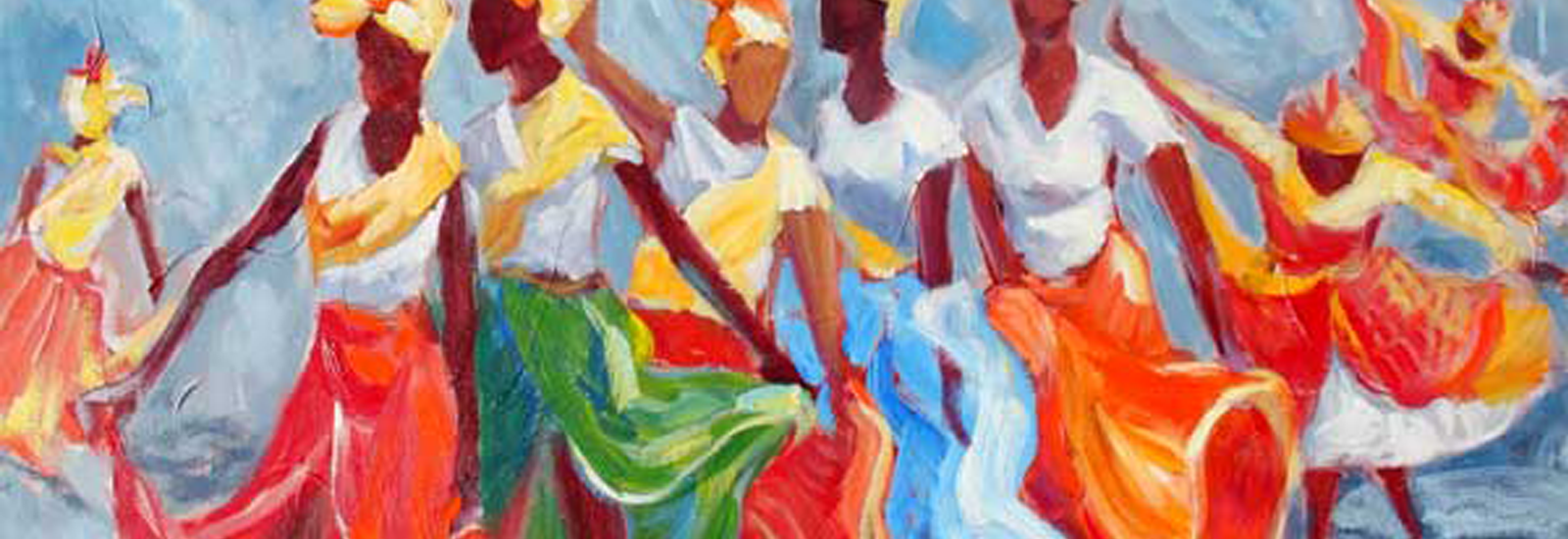 Painting of traditional Caribbean Bele dancers dressed in a mixture of green, blue and orange skirts with yellow scarves and head wrappings.