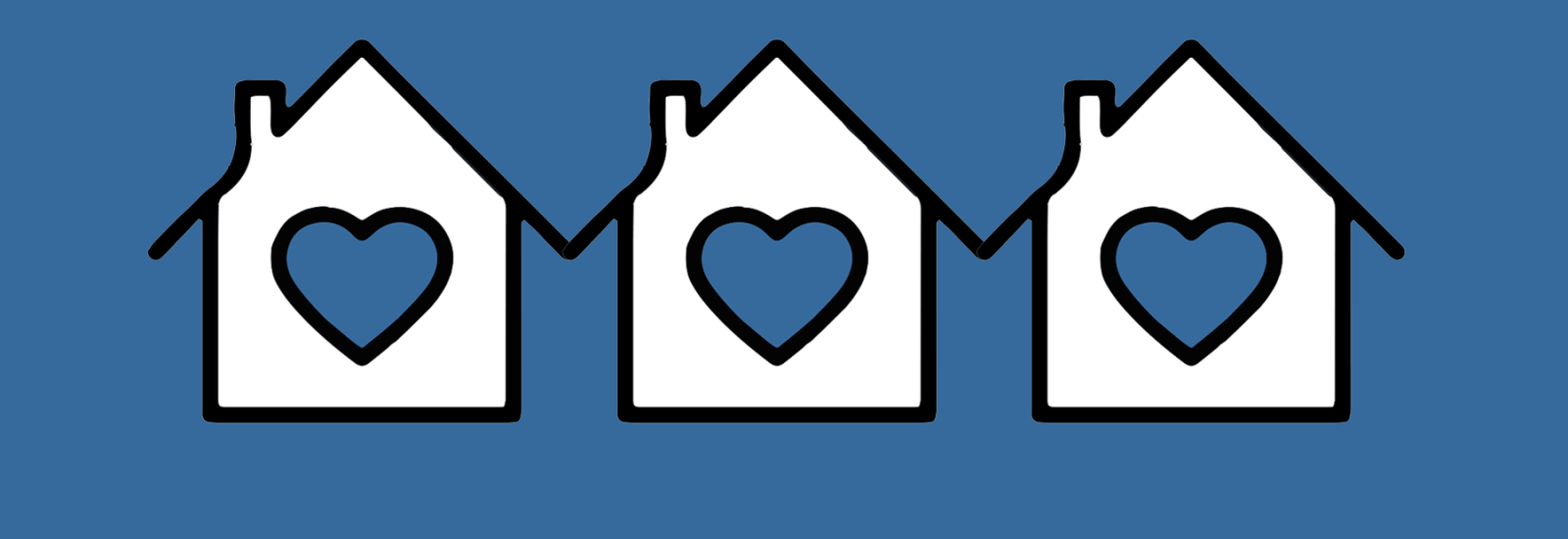 Blue rectangle with three white houses in a row all containing blue hearts